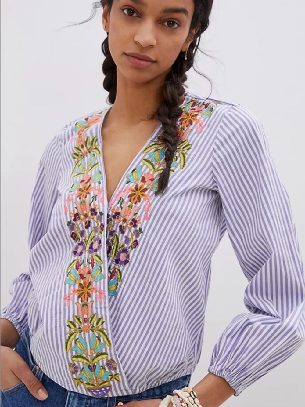 Anthropologie Lavender & White Striped Embroidered V-Neck Blouse